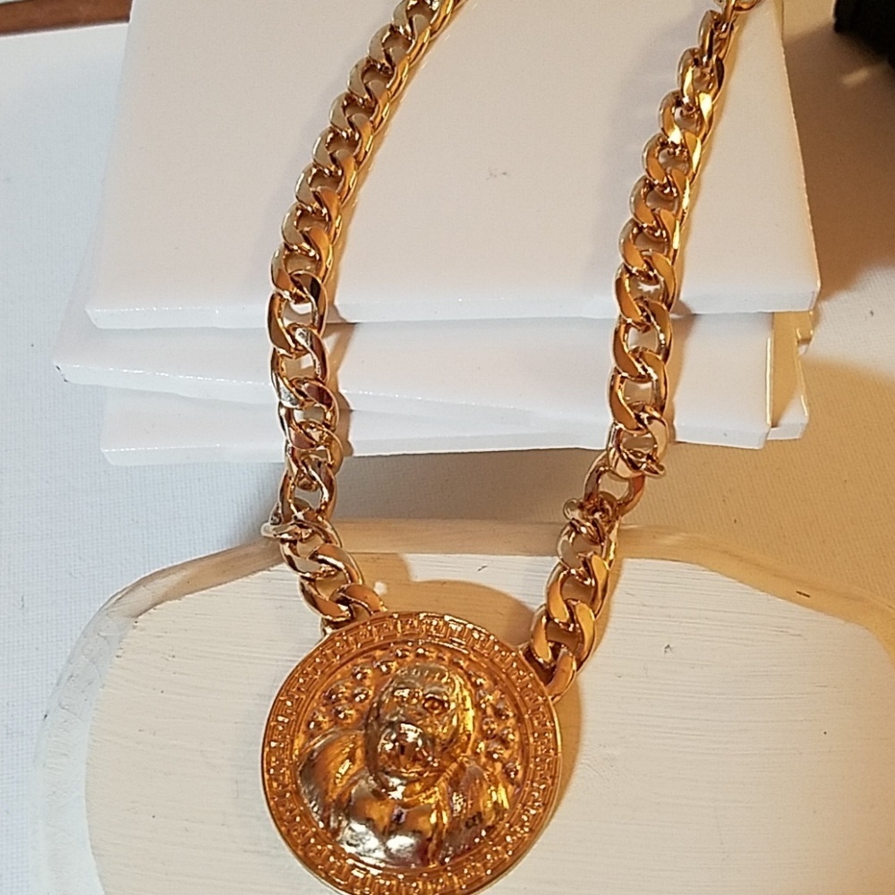 Coin Medallion 1 1/2" Gold Tone 14" Necklace